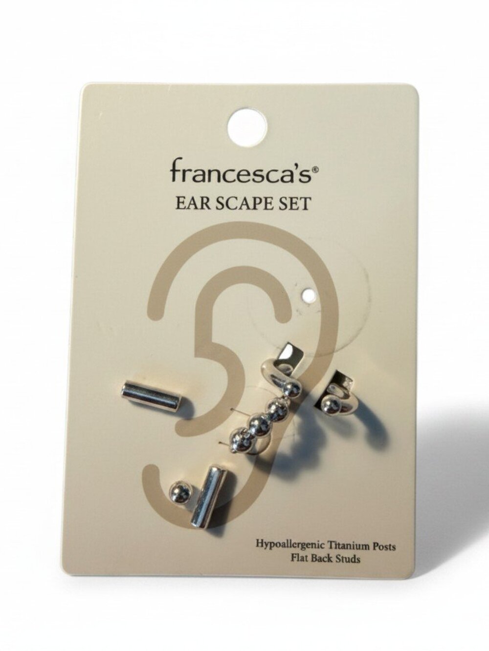 Francescas Silver Ear Scape Set Hypoallergenic Titanium Flat Back Studs Cuff NEW